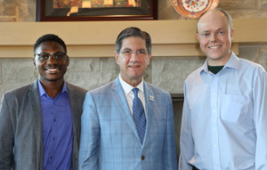 WVSOM President and OHPF alumnus James Nemitz (center) greets 2022 OHPF Members and WVSOM Alumni Dimitri Tito (left) and Phillip Eskew, August 2022