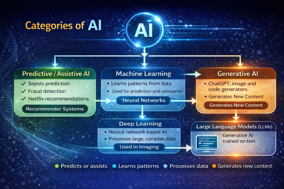 AI Categories include Predictive/Assistive AI, Machine Learning, Generative AI, Deep Learning & Large Language Models (LLMs)