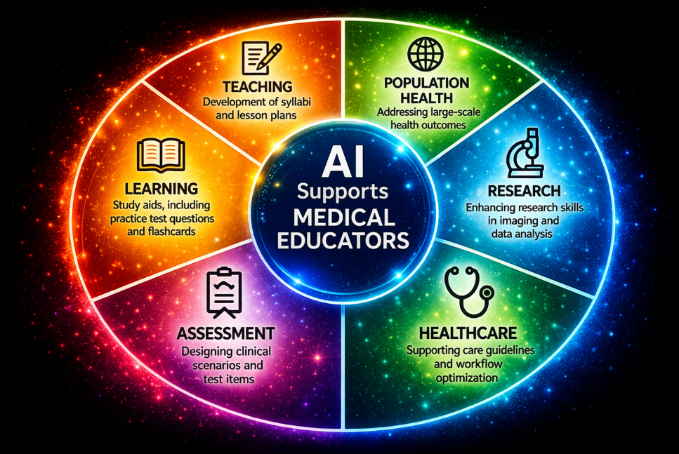 AI supports medical educators via learning, teaching, population health, research, healthcare and assessment.