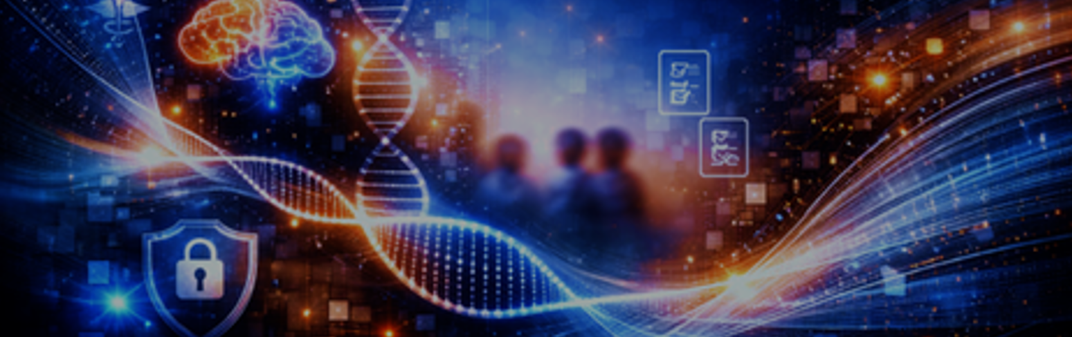 Collage in dark blue and orange with a brain, a lock, dna strings, people and stars