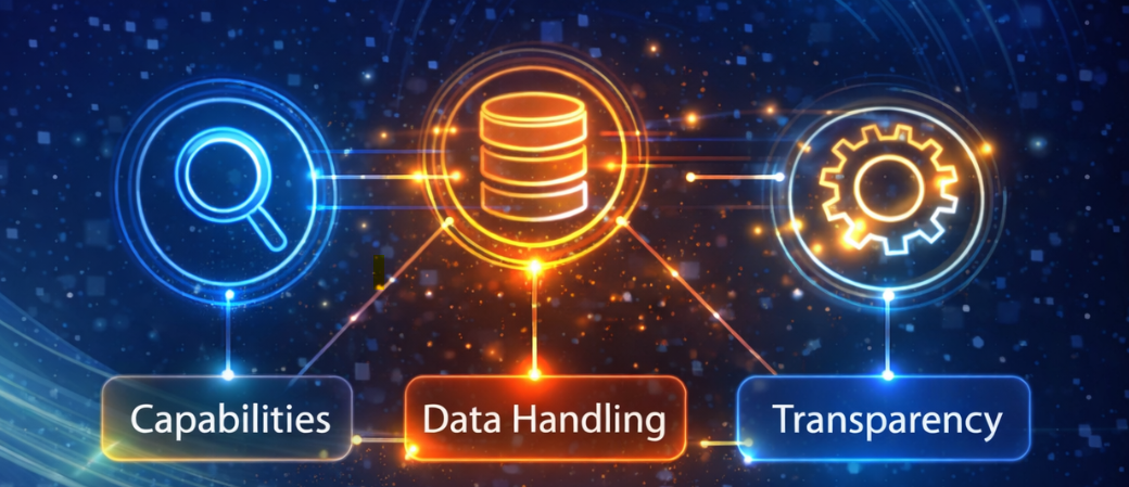 The words Capabilities, Data Handling and Transparency in white on a dark background.