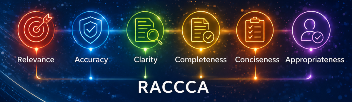 RACCCA Gen AI evaluation framework means Relevance, Accuracy, Clarity, Completeness and Conciseness