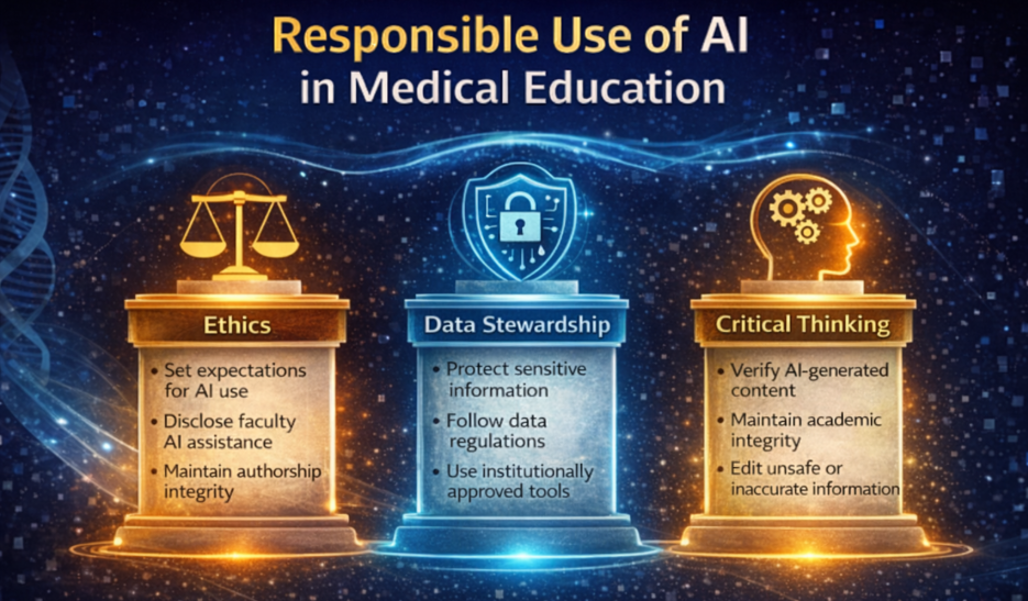 Responsible use of AI involves Ethics, Data Stewardship and Critical Thinking.