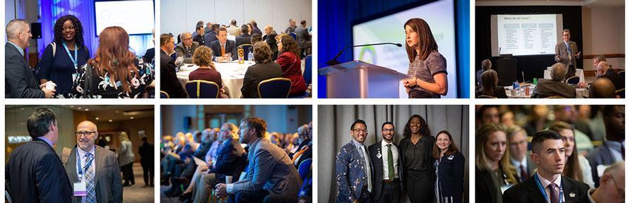 Collage of conference attendees at sessions, socializing and posing for the camera