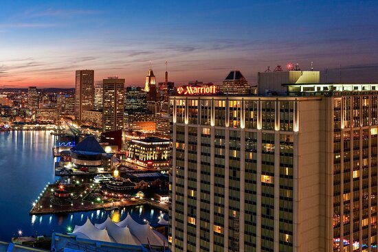 Arial view of the Baltimore Marriott at sunset