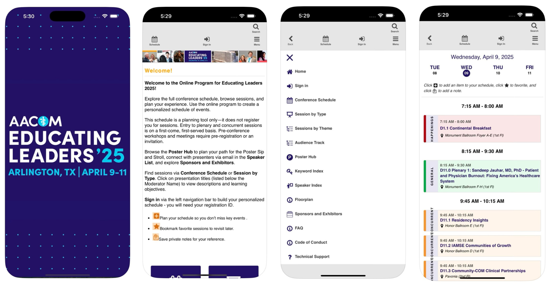 Screenshots of the EL25 conference app pages