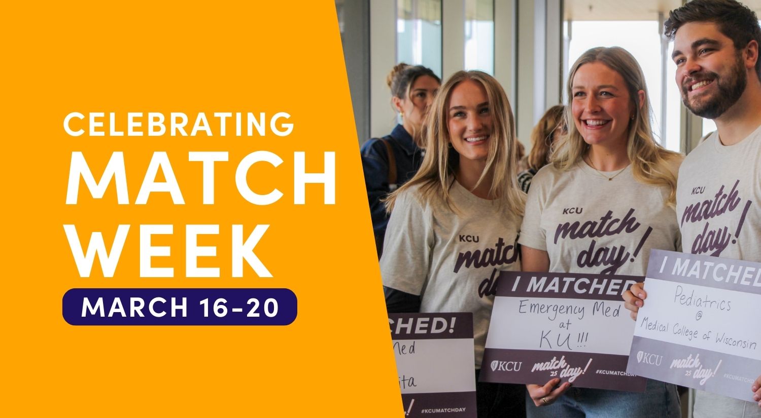 Smiling medical students wearing Match Day tee shirts and holding "I Matched!" signs