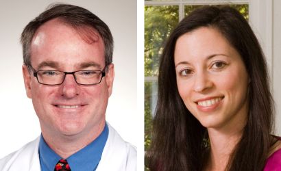 A side-by-side headshot of two professionals smiling, one in a white coat and the other in business attire.