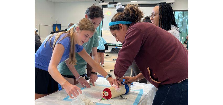 Students work together on a medical simulation arm in a classroom, practicing clinical skills with focus and teamwork.