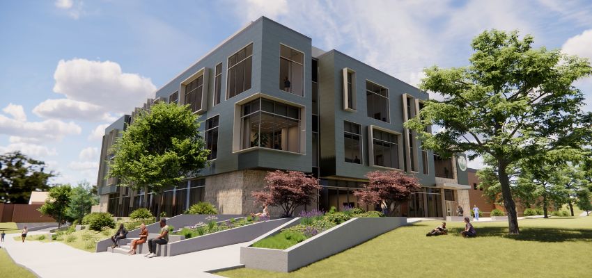 Rendering of a modern academic building with large windows, surrounded by trees and landscaped walkways where people are sitting and walking.