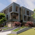 Renderingofamodernacademicbuildingwithlargewindowssurroundedbytreesandlandscapedwalkwayswherepeoplearesittingandwalking