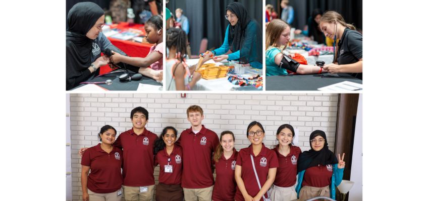 A collage of students volunteering at a community health fair, including giving blood pressure checks and standing together in matching maroon shirts.