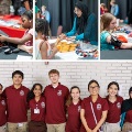 Acollageofstudentsvolunteeringatacommunityhealthfairincludinggivingbloodpressurechecksandstandingtogetherinmatchingmaroonshirts