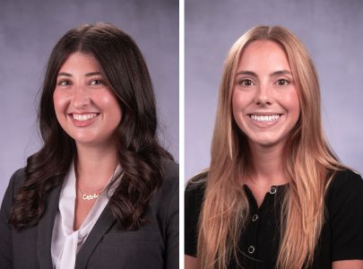 Side-by-side portraits of two women smiling, one with long dark hair in a blazer and the other with long blonde hair in a black top.