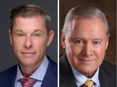 Side-by-side portraits of two men in suits, one wearing a red tie and the other a gold tie, both looking at the camera.