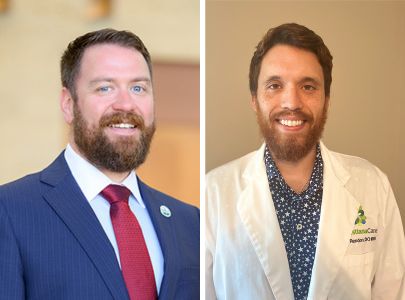 Side-by-side portraits of two men with beards, one in a suit and tie and the other in a white coat, both smiling at the camera.