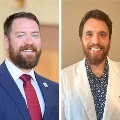 Side-by-sideportraitsoftwomenwithbeardsoneinasuitandtieandtheotherinawhitecoatbothsmilingatthecamera