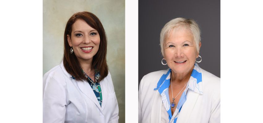 Side-by-side portraits of two women; one with brown hair wearing a white coat and teal blouse, and the other with short white hair wearing a white blazer and blue blouse, both smiling.