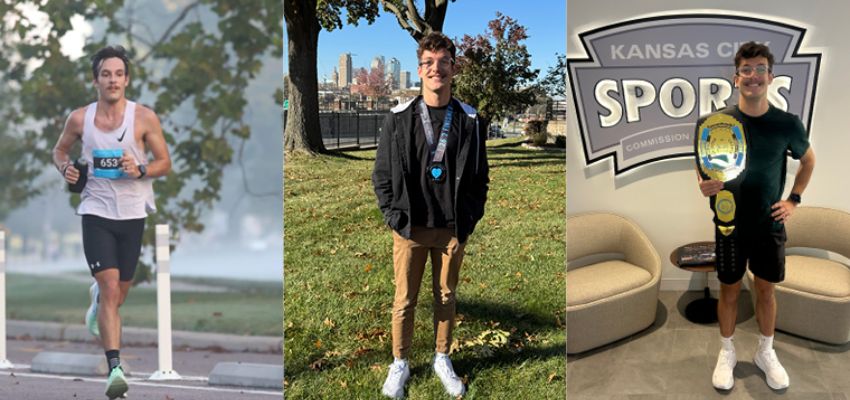 Three side-by-side photos show a man running a race, posing outdoors with a medal, and holding a championship-style belt in an office setting.