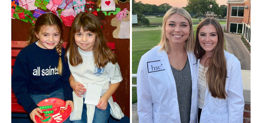 Left: photo of medical students as children, right: photo of the same students on campus