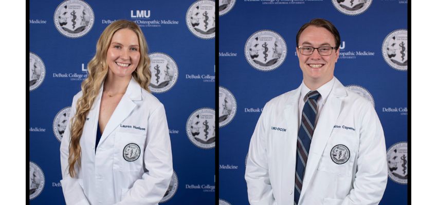 Two medical students in white coats smile in individual portrait photos against a university-branded backdrop.