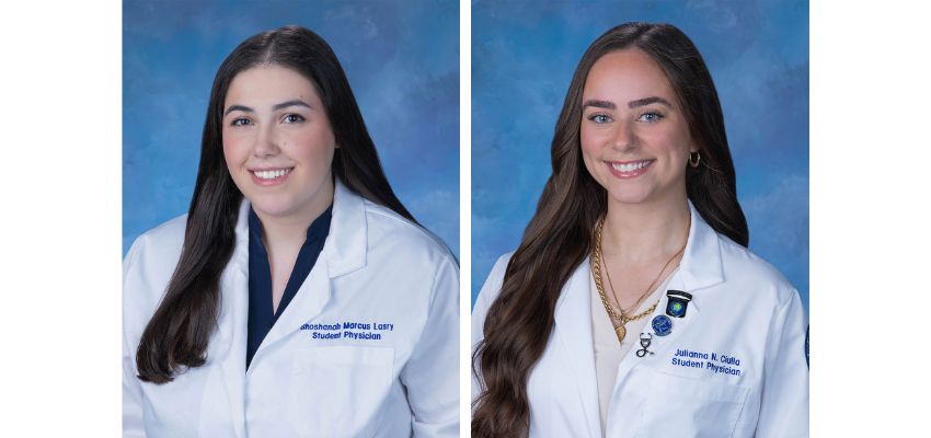 Two medical students in white coats smile in side-by-side professional portrait photos against a blue background.