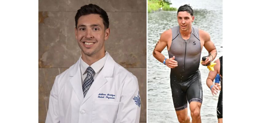A split image shows a medical student in a white coat alongside the same person participating in a triathlon race.