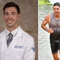 Asplitimageshowsamedicalstudentinawhitecoatalongsidethesamepersonparticipatinginatriathlonrace