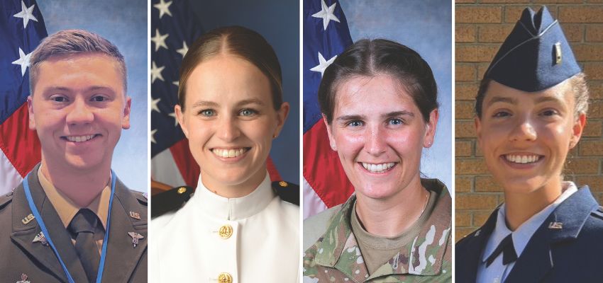 A collage of four smiling military-affiliated individuals in uniform, including Army, Navy, and Air Force attire, shown in a mix of formal portraits and outdoor settings with American flag and brick backgrounds.