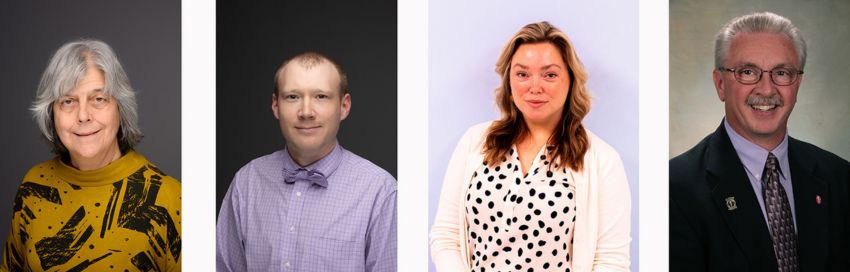 A collage of four professional headshots featuring individuals in formal attire against neutral backgrounds.