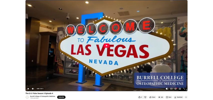 A “Welcome to Fabulous Las Vegas, Nevada” sign displayed indoors, with Burrell College of Osteopathic Medicine branding visible.