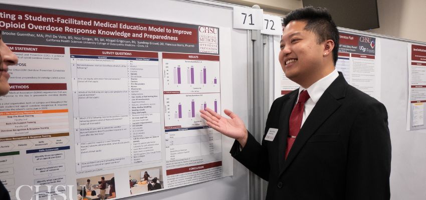 A student in a suit presents a research poster at an academic poster session.