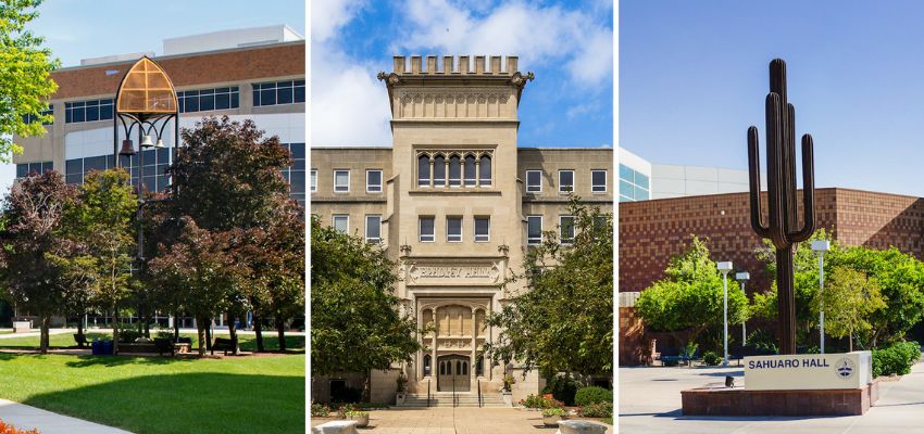 Three campus buildings from Midwestern University displayed in a collage, including a courtyard and Sahuaro Hall.