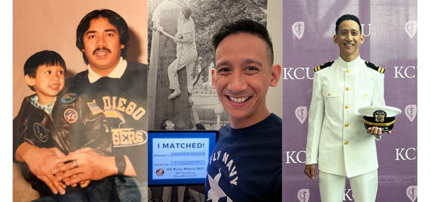 A three-photo collage shows a physician's journey from childhood with a parent, to matching into a U.S. Navy residency, to graduating in military dress uniform.