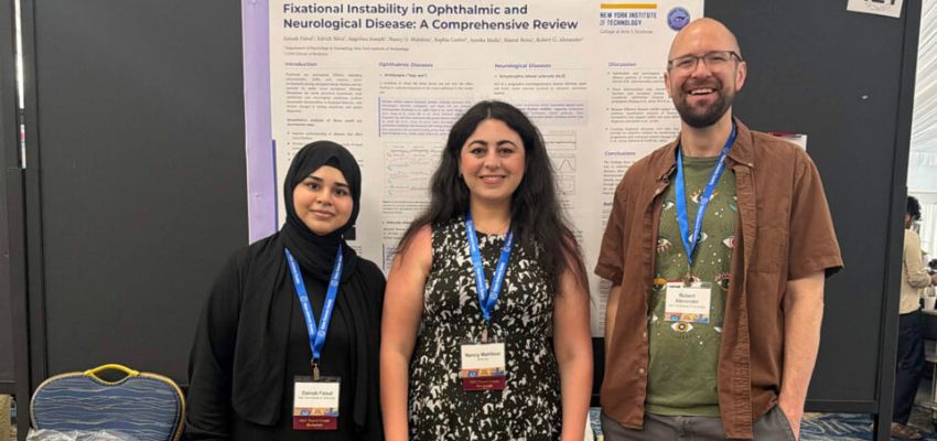 Three researchers stand in front of a scientific poster presentation during a medical research conference.