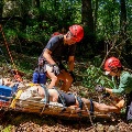 Rescuepersonnelwearinghelmetsandclimbinggeartransportapersonsecuredtoarescuelitterthroughawoodedarea