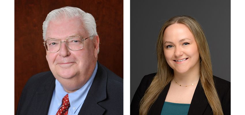Side-by-side professional headshots feature an older man with white hair and glasses and a smiling woman with long blonde hair.