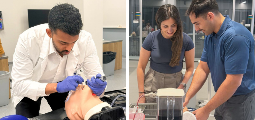A medical student practices airway management on a medical mannequin while two other students work together with clinical simulation equipment.