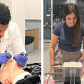 Amedicalstudentpracticesairwaymanagementonamedicalmannequinwhiletwootherstudentsworktogetherwithclinicalsimulationequipment