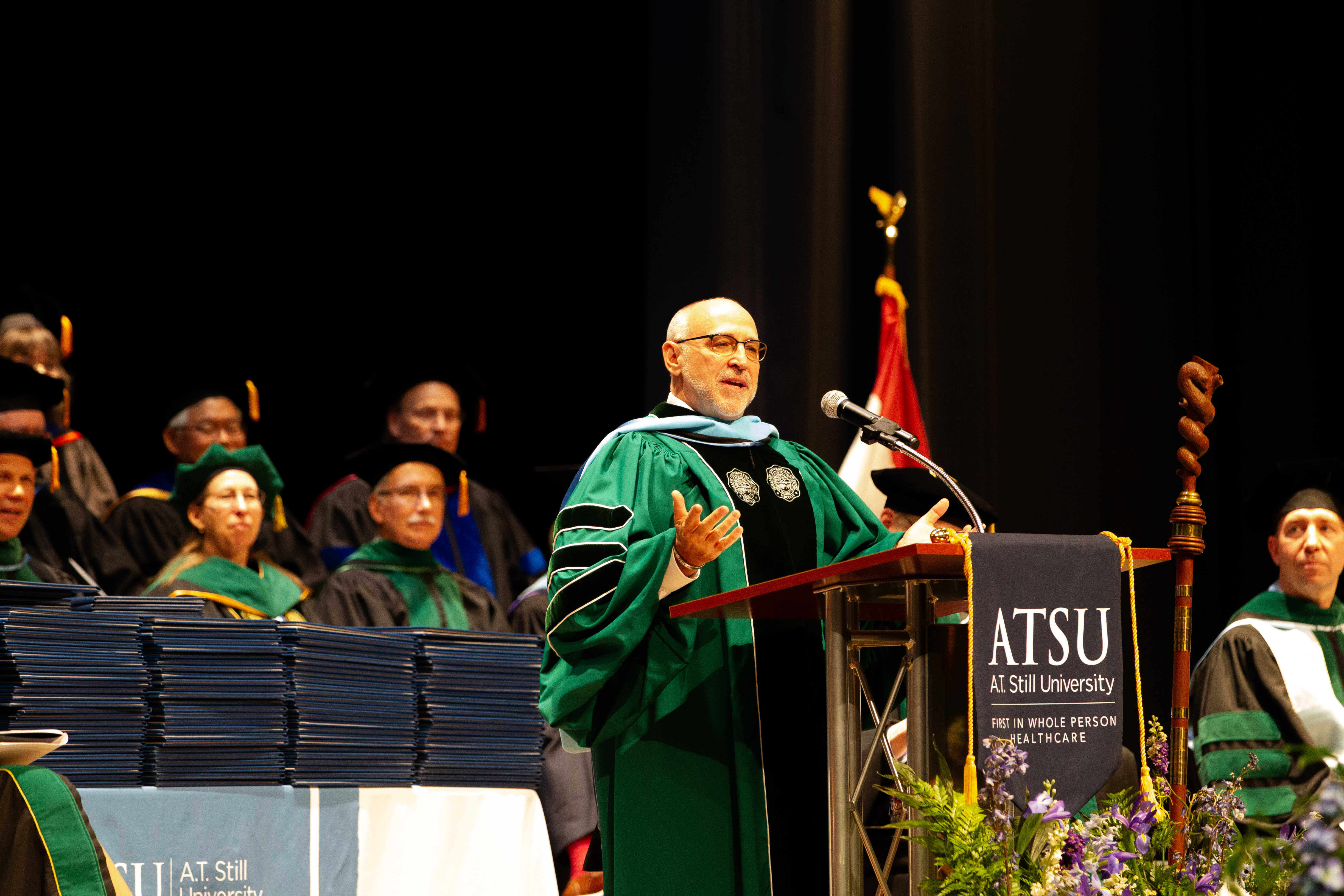 AACOM President and CEO, Robert A Cain, DO, speaks at ATSU-Kirksville's graduation.
