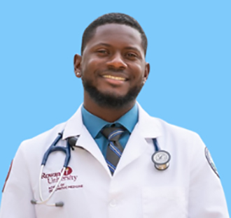 Dr. Campbell in white coat with stethoscope