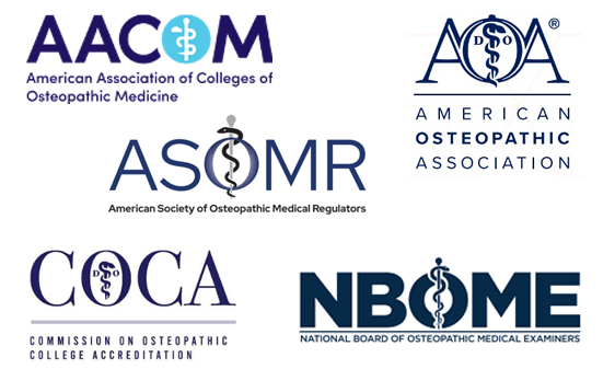 Logos for the 5 members of the JOOL Coalition, AACOM, NBOME, COCA, ASOMR and AOA