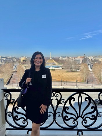 Negia standing at the Speakers Balcony at the Capitol during her lobbying visit with Montana Government officials, as the Montana Representative in the ACOG District VIII Medical Student Advisory Council