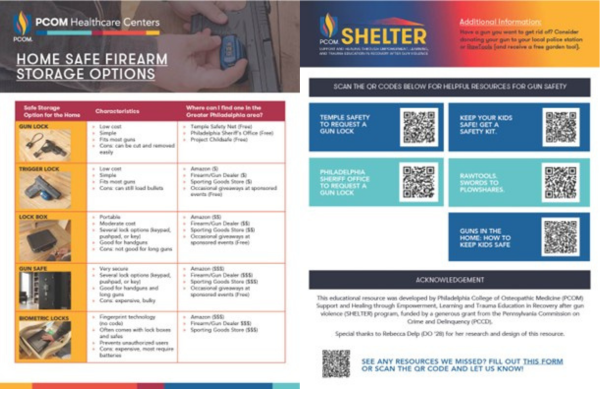The informational handouts the team has created have helped align resources on topics like safe firearm storage, as seen in the flyer above, in simple language. [Insert link to PCOM available resource: