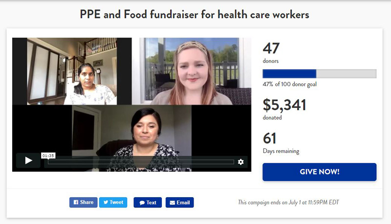 Screenshot of PPE and Food fundraiser for Health Care Workers