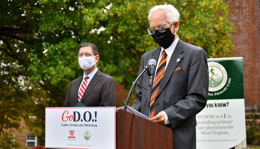 WVSOM President James W. Nemitz, PhD, and West Virginia Wesleyan College President Joel Thierstein, JD, PhD at the podium