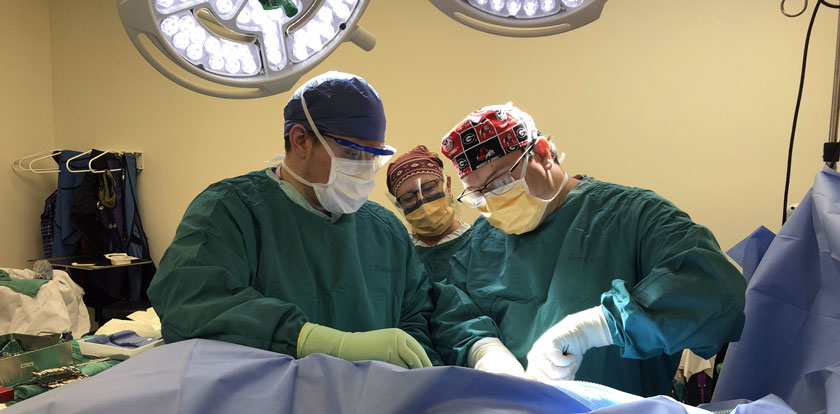 Students practicing surgery under a physician's guidance
