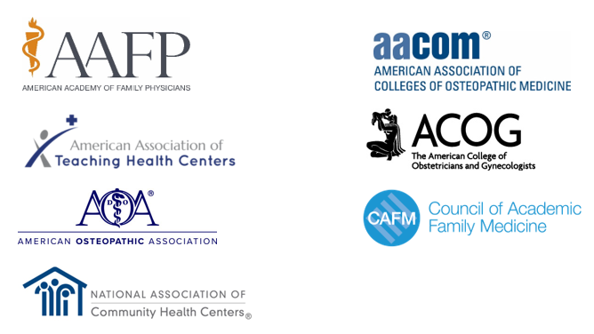 Logo collage - AAFP, AACOM, AATHC, ACOG, AOA, CAFM and NACHC
