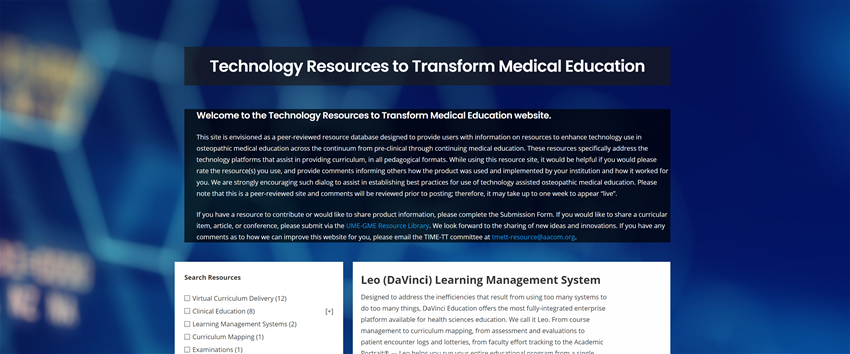 Screenshot Technology Resources to Transform Medical Education web page 