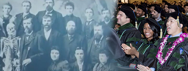 Collage of AT Still's inaugural class and smiling DO students at their graduation.